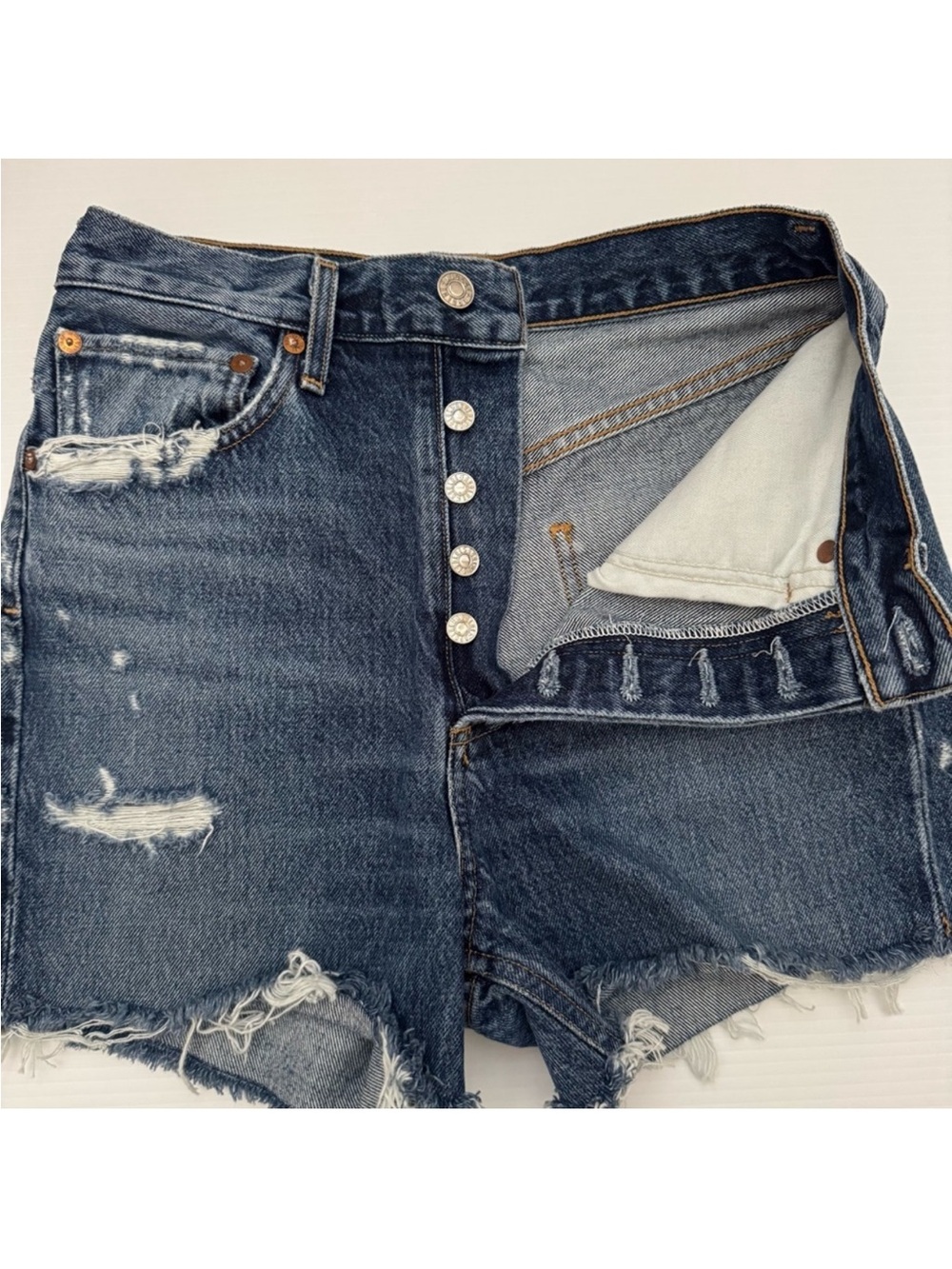 AGOLDE High Rise Distressed Cutoff Denim Shorts Button Fly Size 24 - Picture 3 of 9